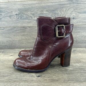 Nine West NWESTEFANI Burgundy Leather Buckle Ankle Boots Block Heel 8.5M